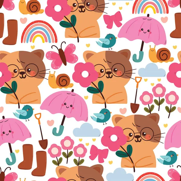 Çiçekleri ve bahar eşyalarıyla kusursuz desenli çizgi film kedisi. Duvar kağıdı, arkaplan ve hediye paketi kağıdı için sevimli hayvan deseni