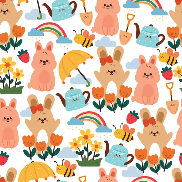 Kusursuz desenli şirin çizgi film tavşanı. Arılar ve bahar şeyleri. Bahar duvar kağıdı ve arkaplan için sevimli hayvan çizimi