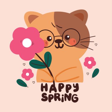 Çiçek tutan sevimli çizgi film kedisi. Bahar kartları, duvar kâğıdı ve arkaplan için sevimli bir çizgi film