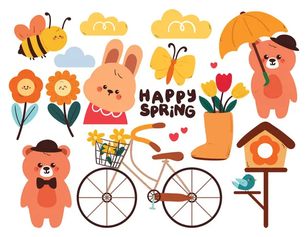 Tavşan, ayı ve bahar şeyleriyle çizilmiş el çizimi karikatürü. Bahar sezonu için şirin çıkartma, karalama seti