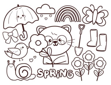 Çizgi filmlerdeki hayvanların ve bitki malzemelerinin olduğu karikatür yapıştırması. Bahar sezonu için sevimli boyama sayfası, karalama seti