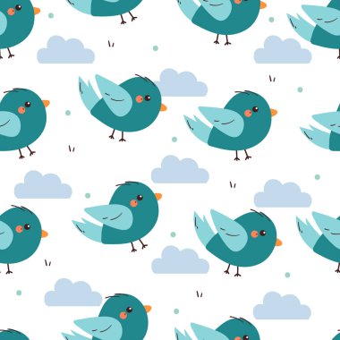 Kusursuz desenli mavi bulutlu çizgi film kuşları. Duvar kağıdı, arkaplan ve hediye paketi kağıdı için sevimli hayvan deseni