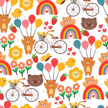 Bitki, gökyüzü elementi ve sevimli şeylerle kusursuz desenli çizgi film hayvanları. Duvar kağıdı, arkaplan ve hediye paketi kağıdı için sevimli hayvan deseni