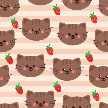 Çilekli kusursuz çizgi film kedisi. Duvar kağıdı, arkaplan ve hediye paketi kağıdı için sevimli hayvan deseni