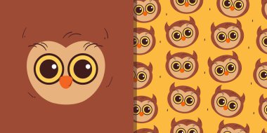 Kart ve desenli şirin çizgi film baykuşu. Kart, duvar kağıdı ve arkaplan için sevimli hayvan çizimleri