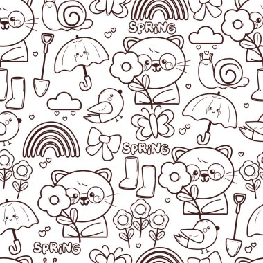 Çiçekleri ve bahar eşyalarıyla kusursuz desenli çizgi film kedisi. Duvar kağıdı, arkaplan ve hediye paketi kağıdı için sevimli siyah beyaz hayvan deseni