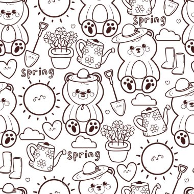 Çiçek ve su kabıyla kusursuz desenli şirin çizgi film ayısı. Bahar duvar kağıdı ve arkaplan için sevimli siyah beyaz hayvan çizimi