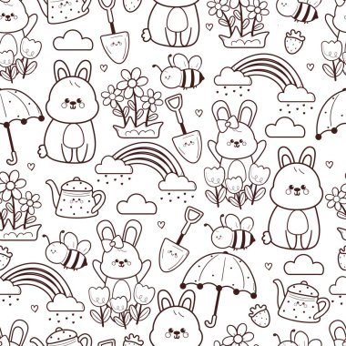 Kusursuz desenli şirin çizgi film tavşanı. Arılar ve bahar şeyleri. Bahar duvar kağıdı ve arkaplan için sevimli siyah beyaz hayvan çizimi