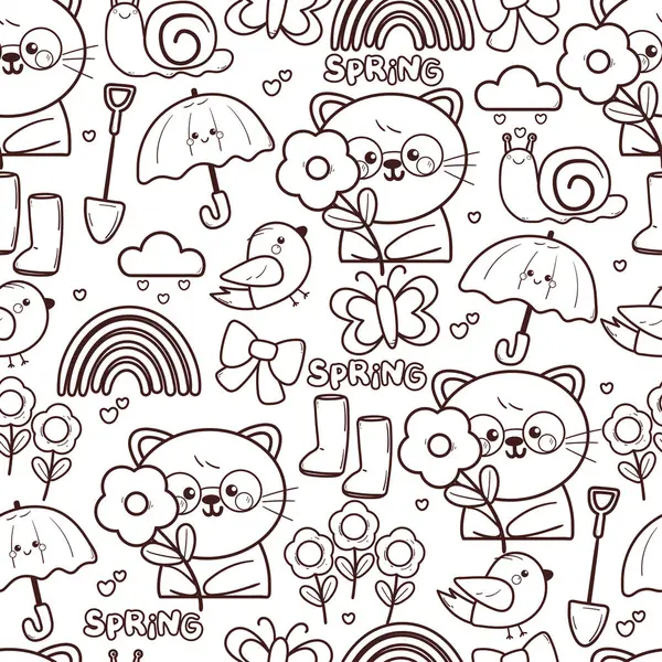 Çiçekleri ve bahar eşyalarıyla kusursuz desenli çizgi film kedisi. Duvar kağıdı, arkaplan ve hediye paketi kağıdı için sevimli siyah beyaz hayvan deseni