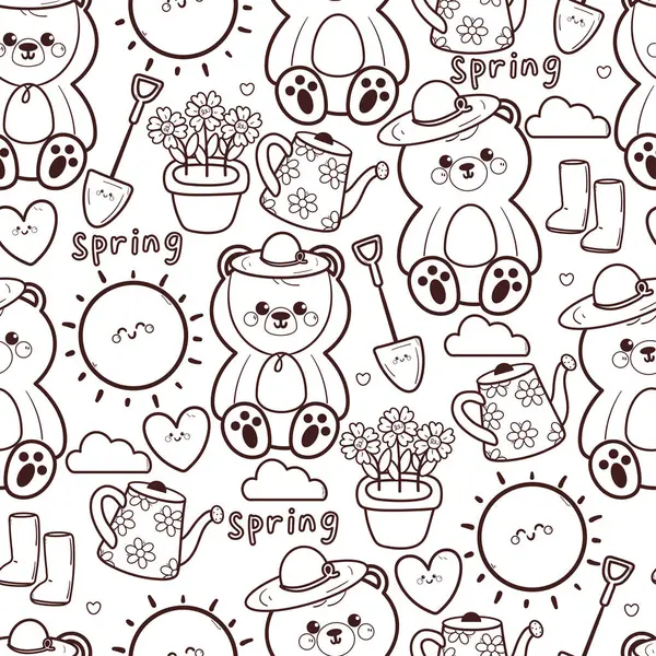 Çiçek ve su kabıyla kusursuz desenli şirin çizgi film ayısı. Bahar duvar kağıdı ve arkaplan için sevimli siyah beyaz hayvan çizimi