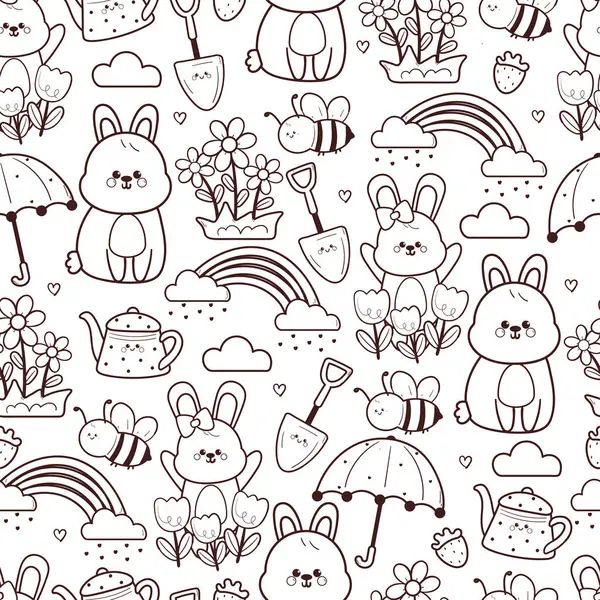 Kusursuz desenli şirin çizgi film tavşanı. Arılar ve bahar şeyleri. Bahar duvar kağıdı ve arkaplan için sevimli siyah beyaz hayvan çizimi