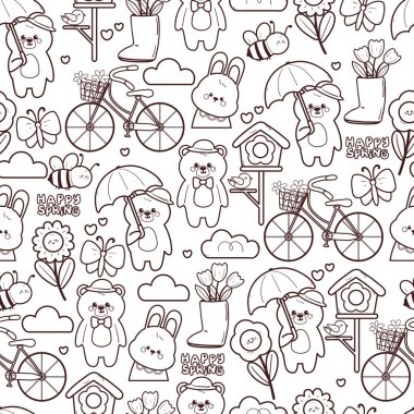 Kusursuz desenli şirin çizgi film ayısı ve çiçekli tavşan ve su kabı. Bahar duvar kağıdı ve arkaplan için sevimli renklendirme sayfası hayvan çizimi