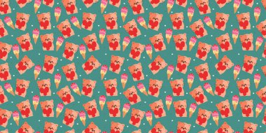 Kusursuz desenli çizgi film kedisi elinde kalp balonu tutuyor. Masaüstü duvar kağıdı, arkaplan ve hediye paketi kağıdı için sevimli hayvan deseni