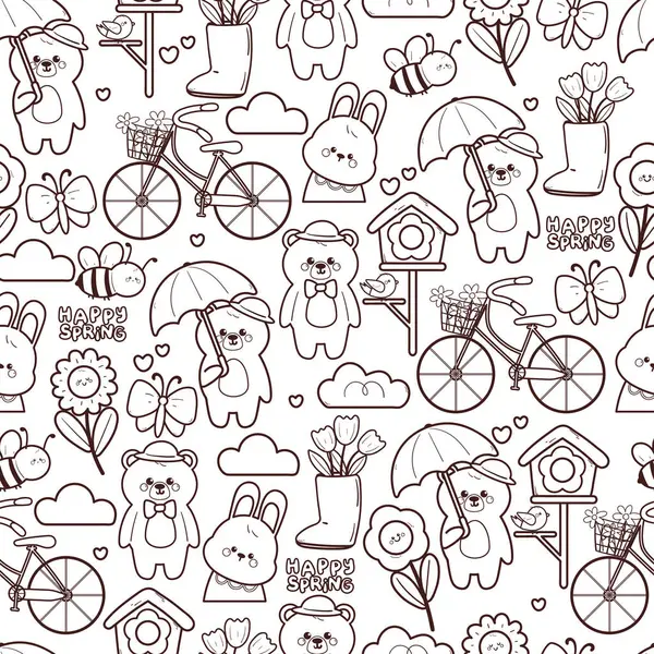 Kusursuz desenli şirin çizgi film ayısı ve çiçekli tavşan ve su kabı. Bahar duvar kağıdı ve arkaplan için sevimli renklendirme sayfası hayvan çizimi