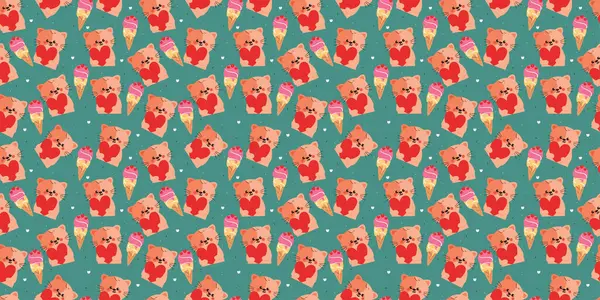 Kusursuz desenli çizgi film kedisi elinde kalp balonu tutuyor. Masaüstü duvar kağıdı, arkaplan ve hediye paketi kağıdı için sevimli hayvan deseni