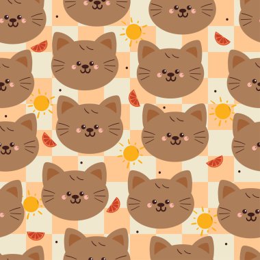 Kusursuz desenli. Güneş ve portakal meyveli sevimli çizgi film kedisi. Duvar kağıdı ve hediye paketi kağıdı için hayvan çizimi