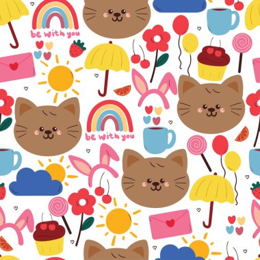 Kusursuz desenli şirin çizgi film kedisi ve şirin şeyler. Duvar kağıdı ve hediye paketi kağıdı için hayvan çizimi