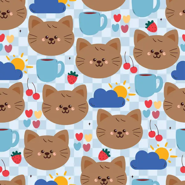 Kusursuz desenli, bardakları ve bulutları olan sevimli çizgi film kedisi. Duvar kağıdı ve hediye paketi kağıdı için hayvan çizimi