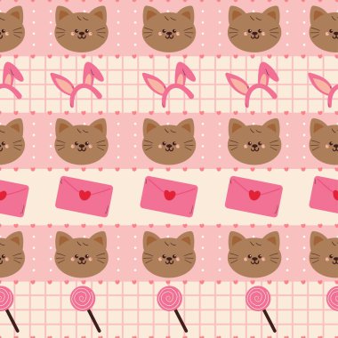 Çizgi film kedisi ve çizgili desenli çilek deseni.