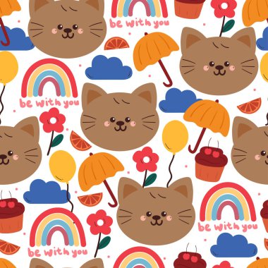 Kusursuz desenli, gökyüzü elementli sevimli çizgi film kedisi. Duvar kağıdı ve hediye paketi kağıdı için beyaz arkaplanda hayvan çizimi