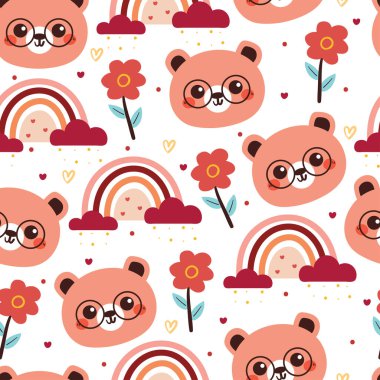 Gökyüzü elementi ve çiçek desenli şirin çizim ayısı. Duvar kağıdı için beyaz arkaplanda hayvan deseni