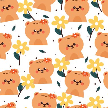 Çiçeksiz desenli şirin bir el çizimi ayı. Hediyelik warp kağıdı ve duvar kağıdı için beyaz arka planda sevimli hayvan deseni