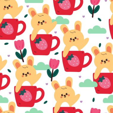 Şirin bir el pembe bardakta çiçek ve gökyüzü desenli çizgi film tavşanı çiziyor. Hediyelik warp kağıdı ve duvar kağıdı için beyaz arka planda sevimli hayvan deseni