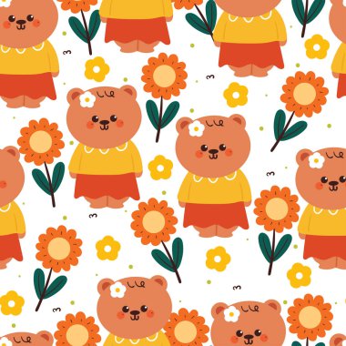 Çiçeksiz desenli elbiseler giyen sevimli el çizimi ayı. Hediyelik warp kağıdı ve duvar kağıdı için beyaz arka planda sevimli hayvan deseni