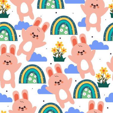 Çizgi film tavşanı ve gökyüzü elementi desenli şirin el çizimi. Hediye kağıdı ve duvar kağıdı için beyaz arkaplanda sevimli hayvan deseni