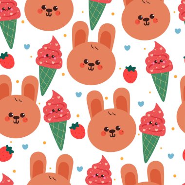Sevimli el çizimi çizgi film tavşanı ve dondurma karakteri kusursuz desen. Hediye kağıdı ve duvar kağıdı için beyaz arkaplanda sevimli hayvan deseni