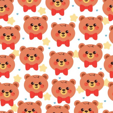 Çiçeksiz desenli papyon takan sevimli el çizimi ayı. Hediye kağıdı ve duvar kağıdı için beyaz arkaplanda sevimli hayvan deseni