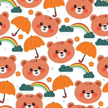 Şemsiyesi ve gökyüzü elementi desenli şirin bir el çizimi ayı. Hediye kağıdı ve duvar kağıdı için beyaz arkaplanda sevimli hayvan deseni