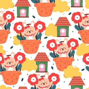 Bir çiçek sepetinin içinde, üzerinde ev ve bitkisiz desenler olan çizgi film tavşanı çizen sevimli bir el. Hediye kağıdı ve duvar kağıdı için beyaz arkaplanda sevimli hayvan deseni