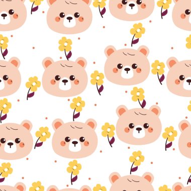 Sarı çiçek desenli şirin el çizimi çizgi film ayısı. Hediye kağıdı ve duvar kağıdı için beyaz arkaplanda sevimli hayvan deseni