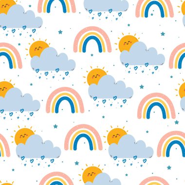 Sevimli el çizimi çizgi film gökyüzü elementi kusursuz desen. Hediye kağıdı ve duvar kağıdı için beyaz arkaplanda sevimli hayvan deseni