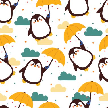 Sarı şemsiyeli ve mavi bulutsuz desenli şirin bir penguen çizimi. Hediye kağıdı ve duvar kağıdı için beyaz arkaplanda sevimli hayvan deseni
