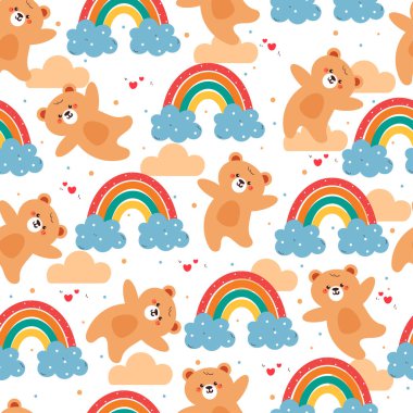 Gökkuşağı ve bulutsuz desenli şirin bir el çizimi ayı. Hediye kağıdı ve duvar kağıdı için beyaz arkaplanda sevimli hayvan deseni