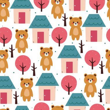 Ev ve ağaçsız desenli şirin bir el çizimi ayı. Hediye kağıdı ve duvar kağıdı için beyaz arkaplanda sevimli hayvan deseni