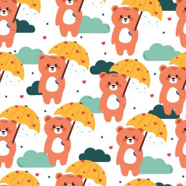 Sarı şemsiyeli, mavi bulutlu ve pürüzsüz desenli şirin el çizimi ayı. Hediye kağıdı ve duvar kağıdı için beyaz arkaplanda sevimli hayvan deseni