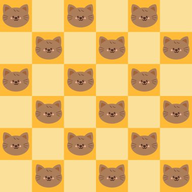 Sarı yama tarzında kusursuz çizgi film kedileri. Duvar kağıdı ve hediye paketi kağıdı için sevimli çizimler