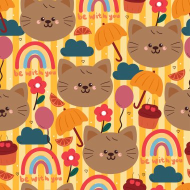 Gökyüzü elementli, kusursuz çizgi film kedisi. Hediye kağıdı ve duvar kağıdı için beyaz arkaplanda sevimli hayvan deseni