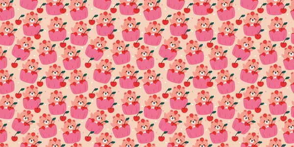 Masaüstü duvar kâğıdı ve arkaplanı için kek ve kirazın içinde dikişsiz şirin çizgi film ayısı