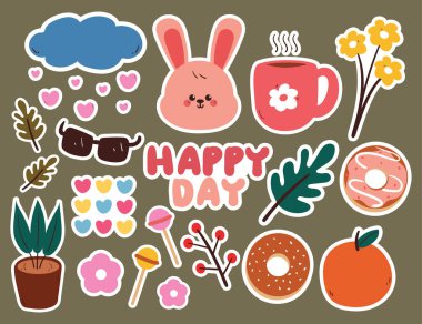 Tatlı, bitki ve tatlı etiketli şirin el çizimi tavşan. Çocuklar için şirin çıkartma, günlük.