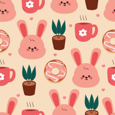 Kusursuz desenli pembe fincanlı sevimli çizgi film tavşanı, bitki ve tatlı. Duvar kağıdı ve hediye paketi kağıdı için sevimli hayvan deseni