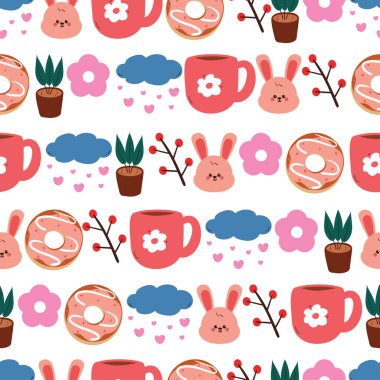 Tatlı, bitki ve bulutlu kusursuz çizgi film tavşanı. hediye paketi kağıdı için sevimli hayvan deseni