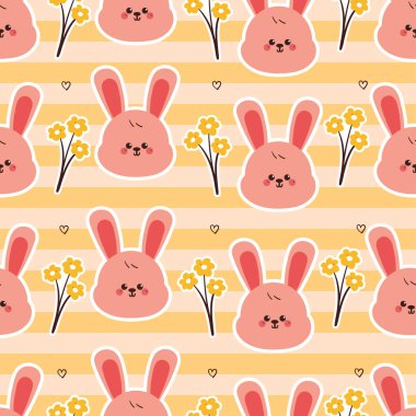Sevimli, pürüzsüz çizgi film tavşanı ve çiçekler. Sarı çizgili şirin hayvan deseni