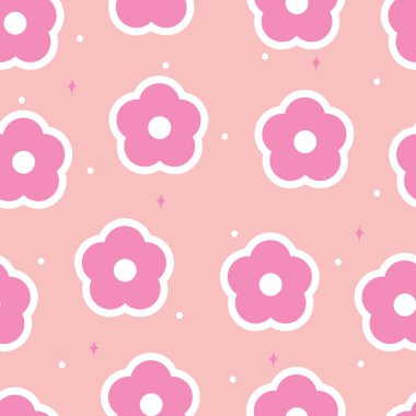 Kusursuz desenli pembe arka planda sevimli karikatür pembe çiçek. Hediye kağıdı ve kumaş baskısı için güzel bir çiçek kağıdı.