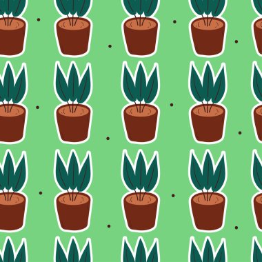 Saksının üzerinde kusursuz desenli şirin çizgi film bitkisi var. Hediye kağıdı ve kumaş baskısı için şirin botanik duvar kâğıdı