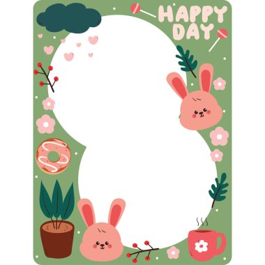 Çizgi film tavşanlı şirin yeşil çerçeve, tatlı ve bitki. Fotoğraf için sevimli çerçeve, kart sahibi