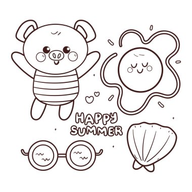 Yazlık etiketli şirin renkli sayfa çizgi film domuzu. Boyama kitabı için yaz çizimi etiketi